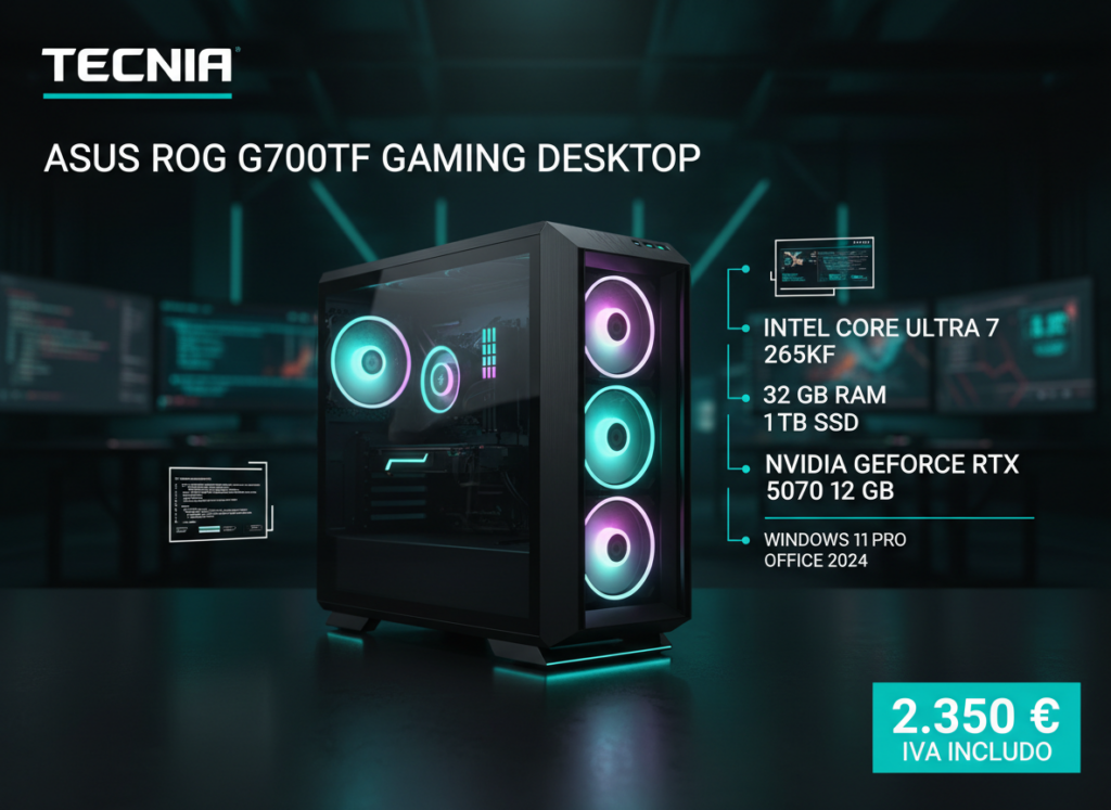 ASUS ROG G700TF con Intel Core Ultra 7 265KF, 32 GB RAM, 1 TB SSD y NVIDIA GeForce RTX 5070 12 GB — oferta TECNIA