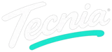 TECNIA — logotipo oficial en blanco con subrayado turquesa